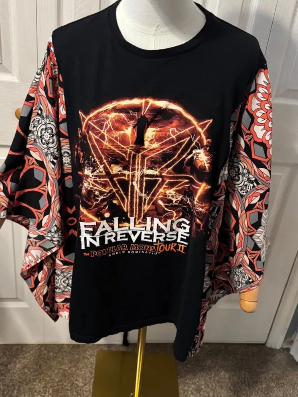 Falling in Reverse Upcycled Graphic T-shirt with Flowy Printed Sleeves - OSFM